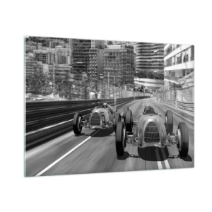 Cuadro sobre vidrio - Impresiones sobre Vidrio - Carrera de coches histórica en blanco y negro - 100x70cm - Érase una vez en Montecarlo - Decoración de pared moderna para salón y dormitorio ARTTOR
