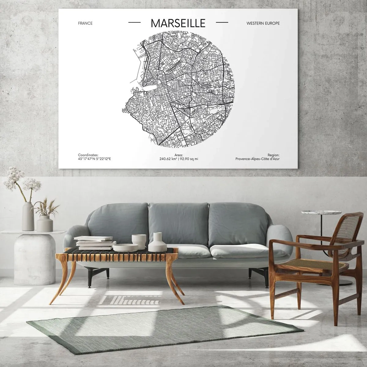 Cuadro sobre vidrio - Impresiones sobre Vidrio - Mapa en blanco y negro de la ciudad de Marsella en estilo moderno - 70x50cm - Anatomía de Marsella - Decoración de pared moderna para salón y dormitorio ARTTOR