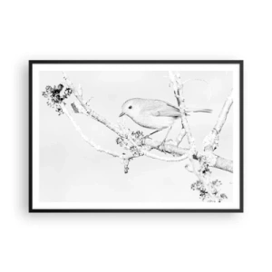 Póster en marco negro - Pájaro en una rama en blanco y negro con un estilo minimalista. - 100x70cm - Mañana de invierno - Decoración de pared moderna para salón y dormitorio ARTTOR