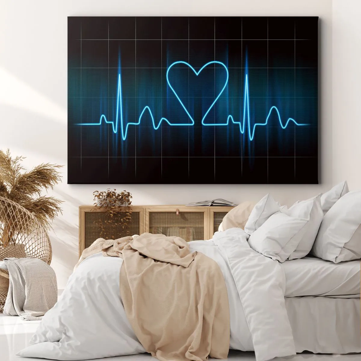Cuadro sobre lienzo - Impresión de Imagen - Una línea salvavidas con un corazón sobre un fondo de monitoreo médico en tonos azules. - 120x80cm - El ritmo del corazón - Decoración de pared moderna para salón y dormitorio ARTTOR