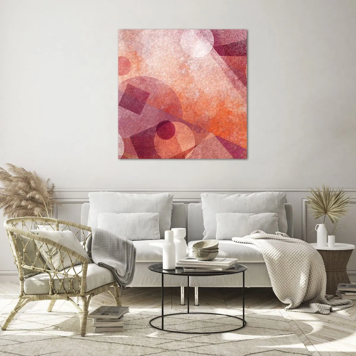 Cuadro sobre vidrio - Impresiones sobre Vidrio - Transformaciones geométricas en rosa - 50x50 cm