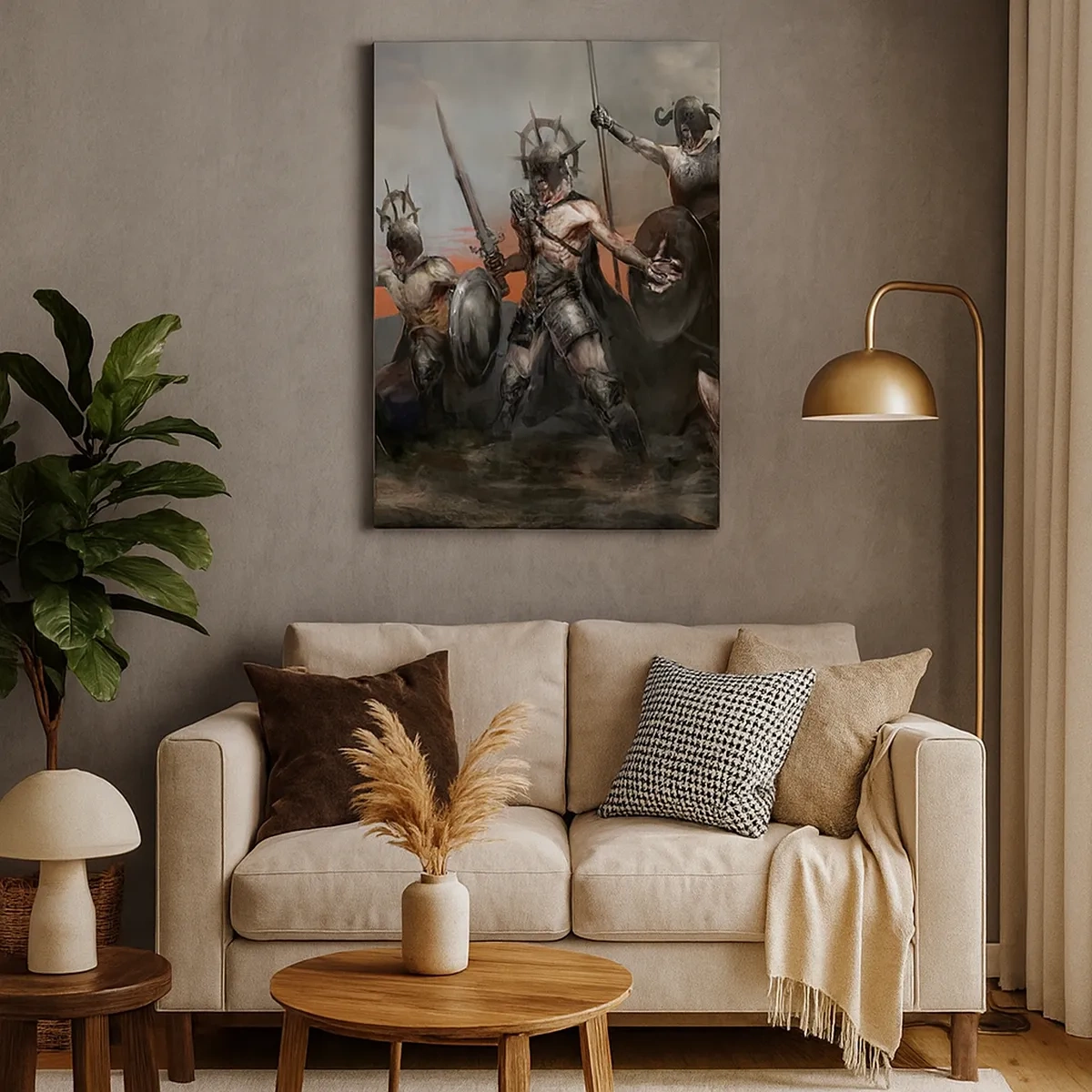 Cuadro sobre lienzo - Impresión de Imagen - Un grupo de guerreros con armadura y lanzas con el atardecer como telón de fondo. - 50x70cm - Escudo con escudo - Decoración de pared moderna para salón y dormitorio ARTTOR