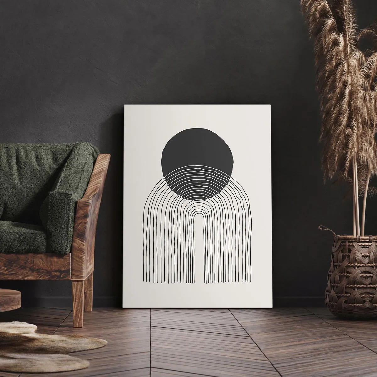 Cuadro sobre lienzo - Impresión de Imagen - Patrón abstracto con líneas y un círculo negro sobre un fondo claro - 50x70cm - Temblor y certeza - Decoración de pared moderna para salón y dormitorio ARTTOR