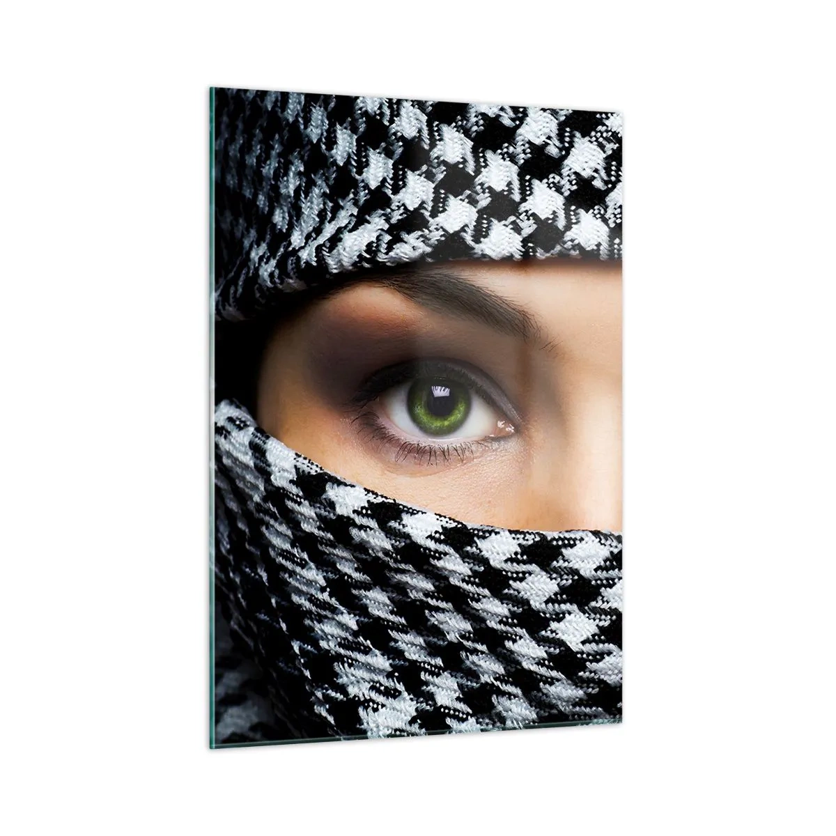 Cuadro sobre vidrio - Impresiones sobre Vidrio - Ojos verdes rodeados de un patrón blanco y negro. - 50x70cm - Hermosa mirada de ojos verdes - Decoración de pared moderna para salón y dormitorio ARTTOR