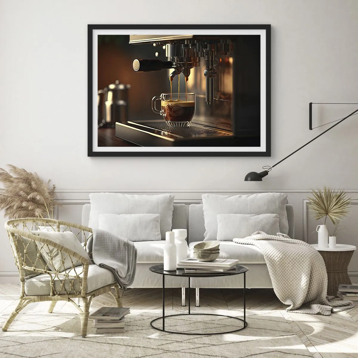 Póster en marco negro - Cafetera con una taza de espresso aromático. - 100x70cm - Un brebaje sensual - Decoración de pared moderna para salón y dormitorio ARTTOR
