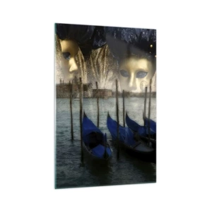 Cuadro sobre vidrio - Impresiones sobre Vidrio - Máscaras de carnaval veneciano y góndolas con la ciudad y el agua como telón de fondo. - 70x100cm - El tiempo de carnaval ha comenzado - Decoración de pared moderna para salón y dormitorio ARTTOR