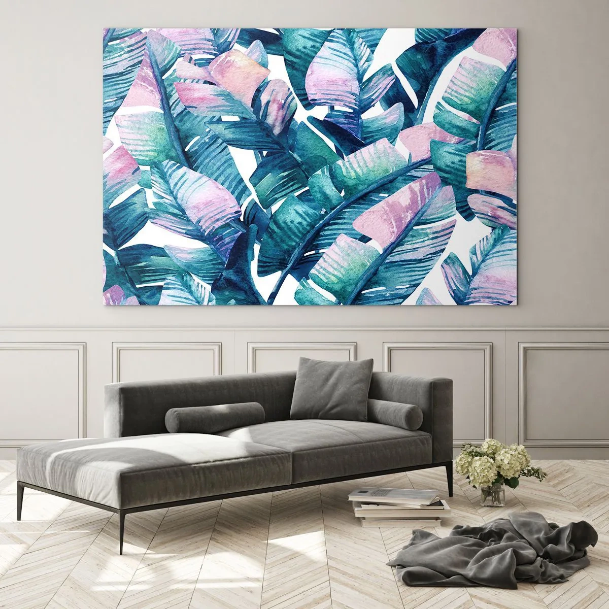 Cuadro sobre vidrio - Impresiones sobre Vidrio - Hojas de plátano en tonos pastel sobre un fondo blanco. - 70x50cm - En una plantación de plátanos - Decoración de pared moderna para salón y dormitorio ARTTOR