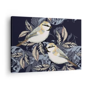Cuadro sobre lienzo - Impresión de Imagen - Pájaros en ramas sobre un fondo ornamental. - 70x50cm - En la copa del árbol - Decoración de pared moderna para salón y dormitorio ARTTOR