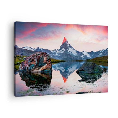 Cuadro sobre lienzo - Impresión de Imagen - Un pico de montaña reflejado en un lago al atardecer. - 70x50cm - El corazón de las montañas arde - Decoración de pared moderna para salón y dormitorio ARTTOR