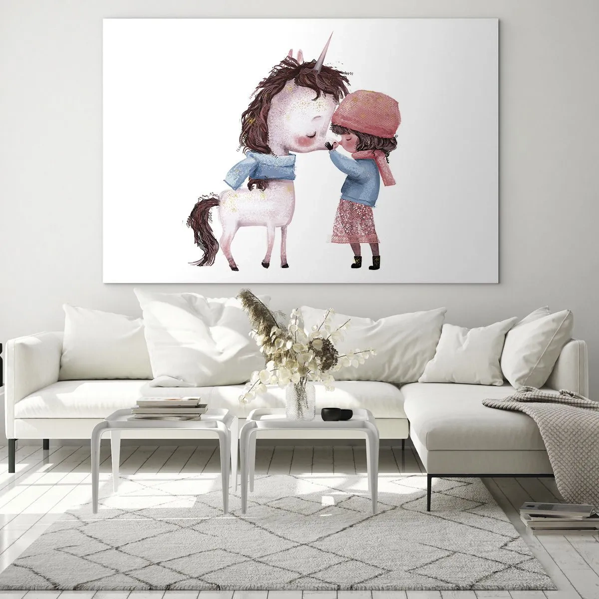 Cuadro sobre vidrio - Impresiones sobre Vidrio - Una niña y un unicornio en un paisaje invernal. - 120x80cm - Un cuento de invierno - Decoración de pared moderna para salón y dormitorio ARTTOR
