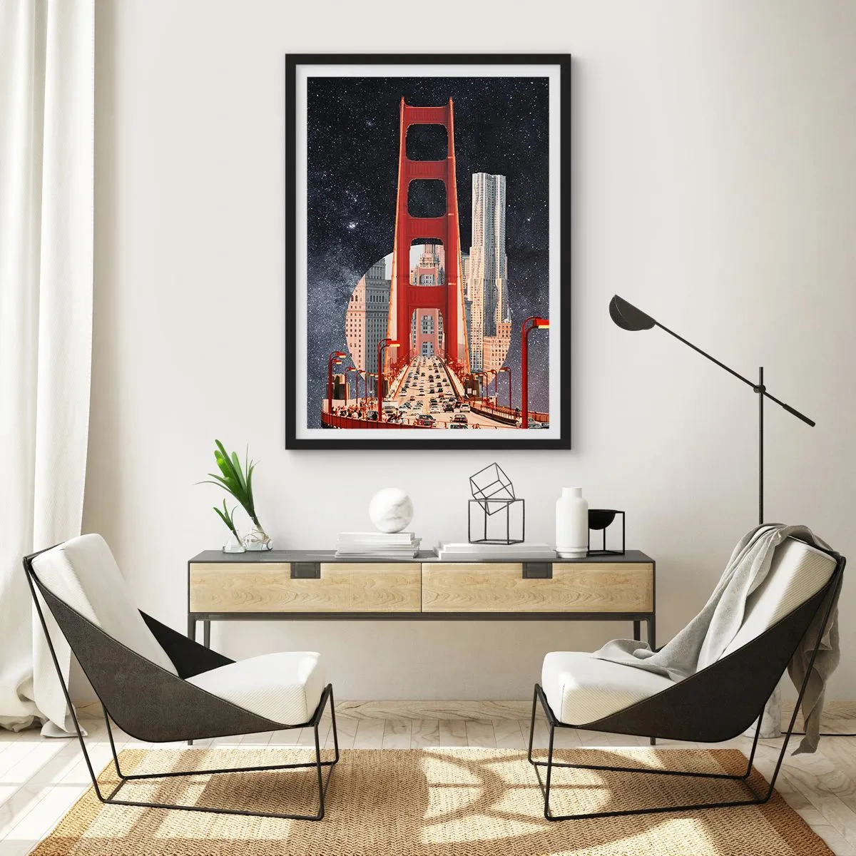 Póster en marco negro - Un puente y rascacielos contra el cielo estrellado. - 50x70cm - Siempre en el centro - Decoración de pared moderna para salón y dormitorio ARTTOR