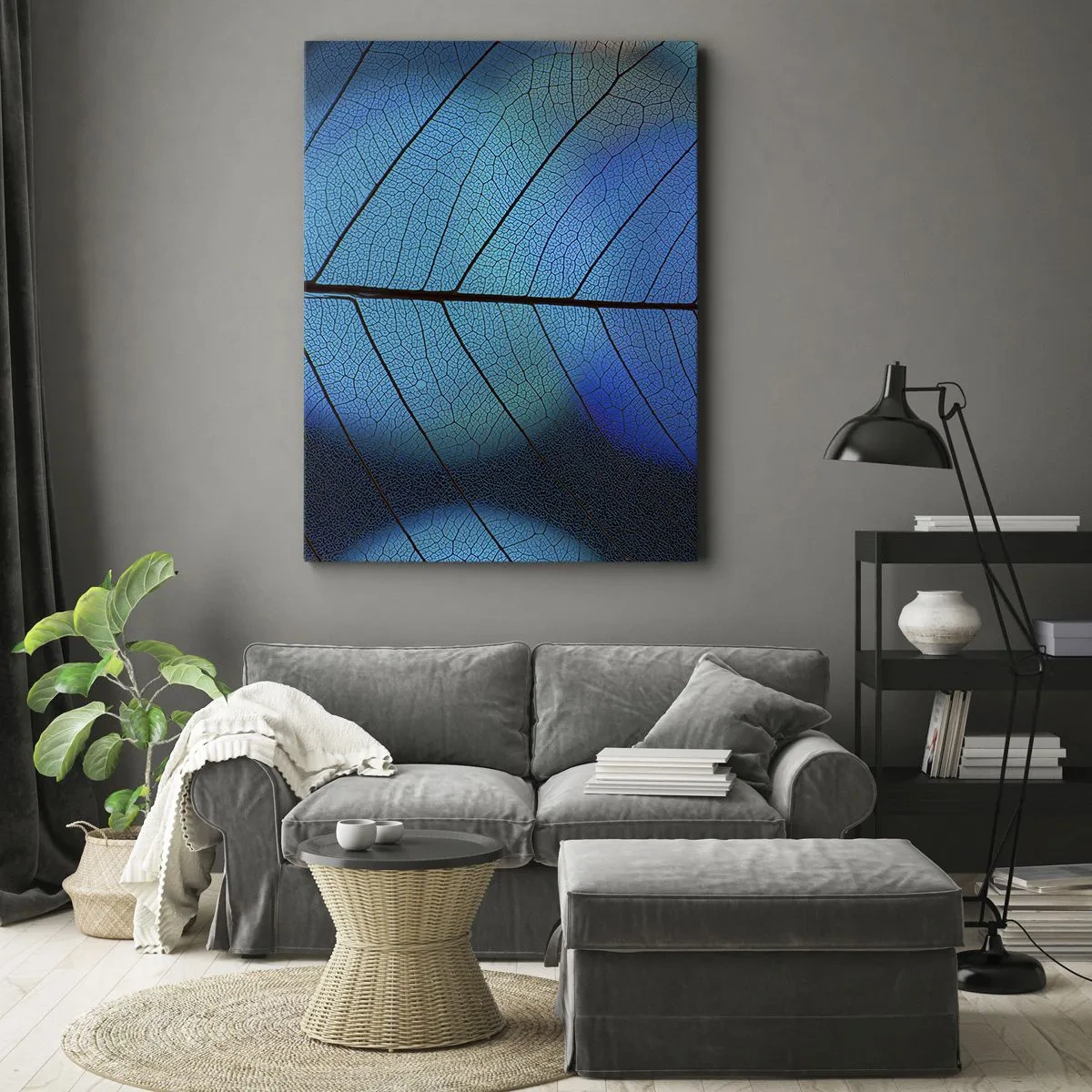 Cuadro sobre lienzo - Impresión de Imagen - Primer plano de una hoja azul con detalle de vena visible - 80x120cm - Construcción intrincada - Decoración de pared moderna para salón y dormitorio ARTTOR