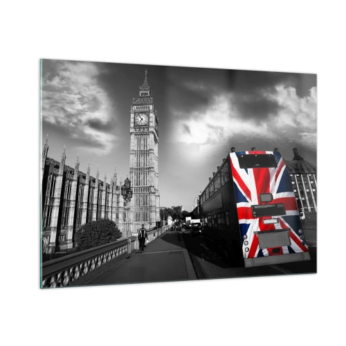 Cuadro sobre vidrio - Impresiones sobre Vidrio - El Big Ben y un autobús con bandera británica - 100x70cm - Orgullosa y grandiosa - Decoración de pared moderna para salón y dormitorio ARTTOR