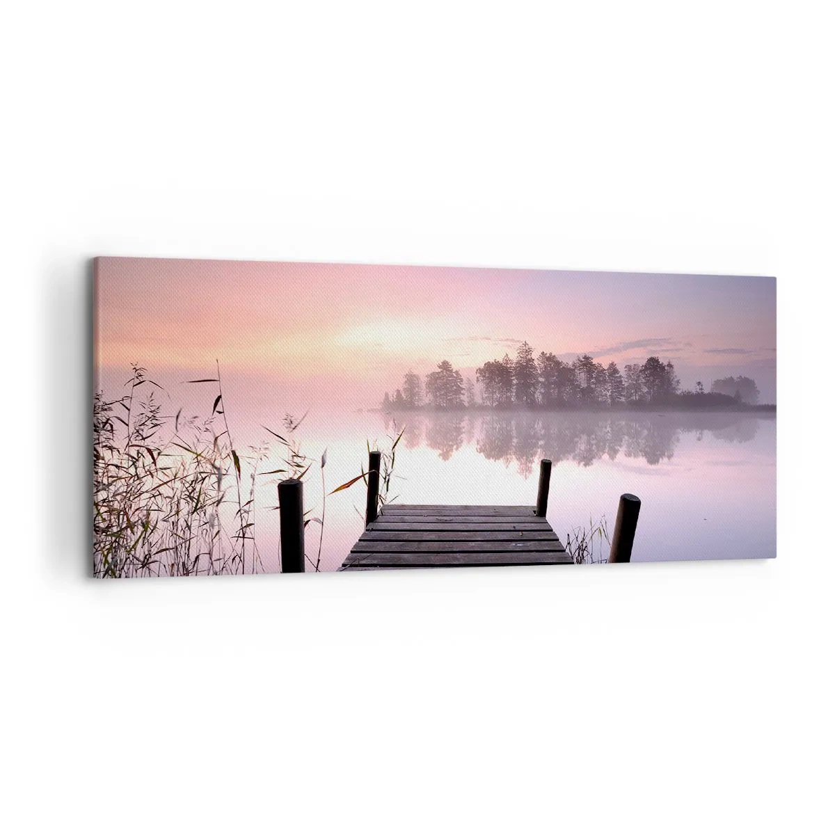 Cuadro sobre lienzo - Impresión de Imagen - Un embarcadero junto al lago al amanecer con niebla y un cielo pastel. - 120x50cm - De la niebla lila... - Decoración de pared moderna para salón y dormitorio ARTTOR