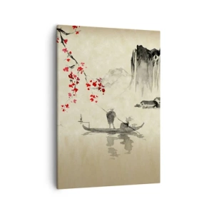 Cuadro sobre lienzo - Impresión de Imagen - Ilustración oriental con un barco y una rama floreciente. - 50x70cm - En el país de los cerezos en flor - Decoración de pared moderna para salón y dormitorio ARTTOR