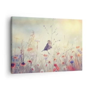 Cuadro sobre lienzo - Impresión de Imagen - Un pájaro sobre el fondo de un prado colorido en tonos pastel. - 70x50cm - Retrato de pájaro con prado de fondo - Decoración de pared moderna para salón y dormitorio ARTTOR