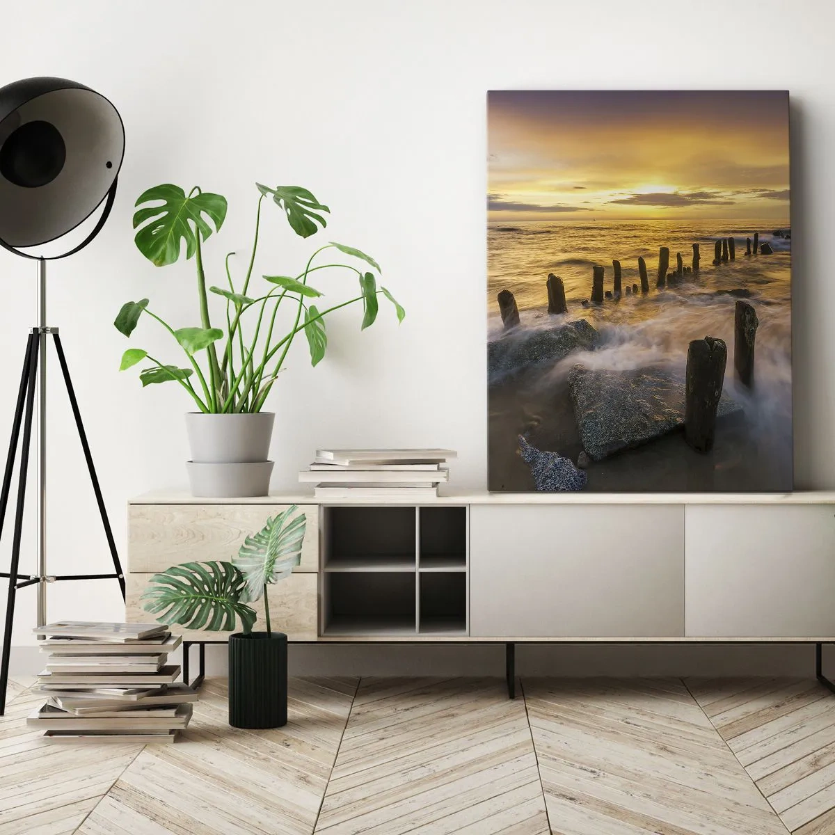 Cuadro sobre lienzo - Impresión de Imagen - Puesta de sol sobre el mar con los restos de un antiguo muelle - 50x70cm - La cruda belleza del Báltico - Decoración de pared moderna para salón y dormitorio ARTTOR