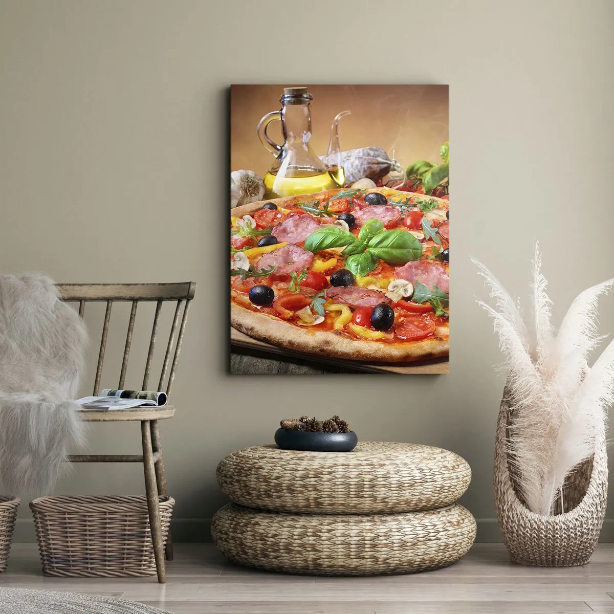 Cuadro sobre lienzo - Impresión de Imagen - Deliciosa pizza en una mesa de madera con ingredientes. - 50x70cm - Con un verdadero sabor italiano - Decoración de pared moderna para salón y dormitorio ARTTOR