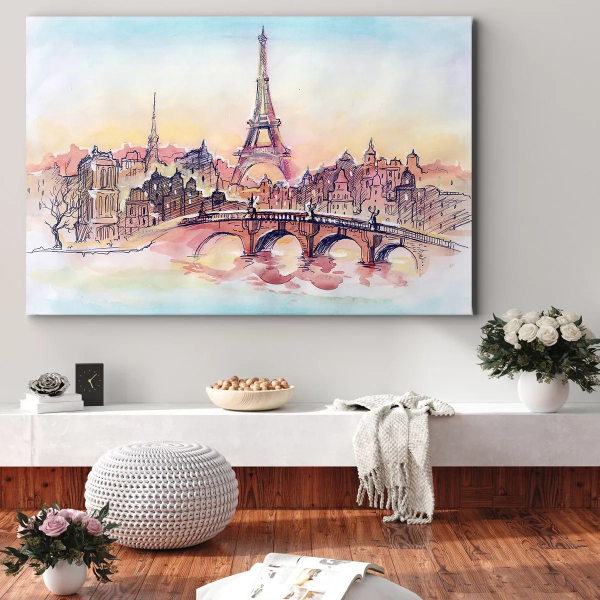 Cuadro sobre lienzo - Impresión de Imagen - Panorama de acuarela de París con la Torre Eiffel al atardecer - 70x50cm - Única en el mundo - Decoración de pared moderna para salón y dormitorio ARTTOR