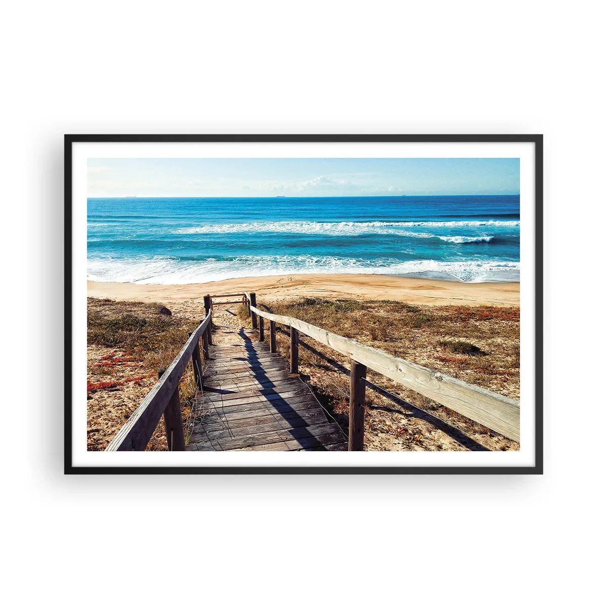 Póster en marco negro - Camino de madera que conduce a la playa. - 100x70cm - ¡Corre! - Decoración de pared moderna para salón y dormitorio ARTTOR