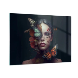 Cuadro sobre vidrio - Impresiones sobre Vidrio - Un rostro de mujer con mariposas y hojas en una composición artística. - 70x50cm - Una metamorfosis maravillosa - Decoración de pared moderna para salón y dormitorio ARTTOR