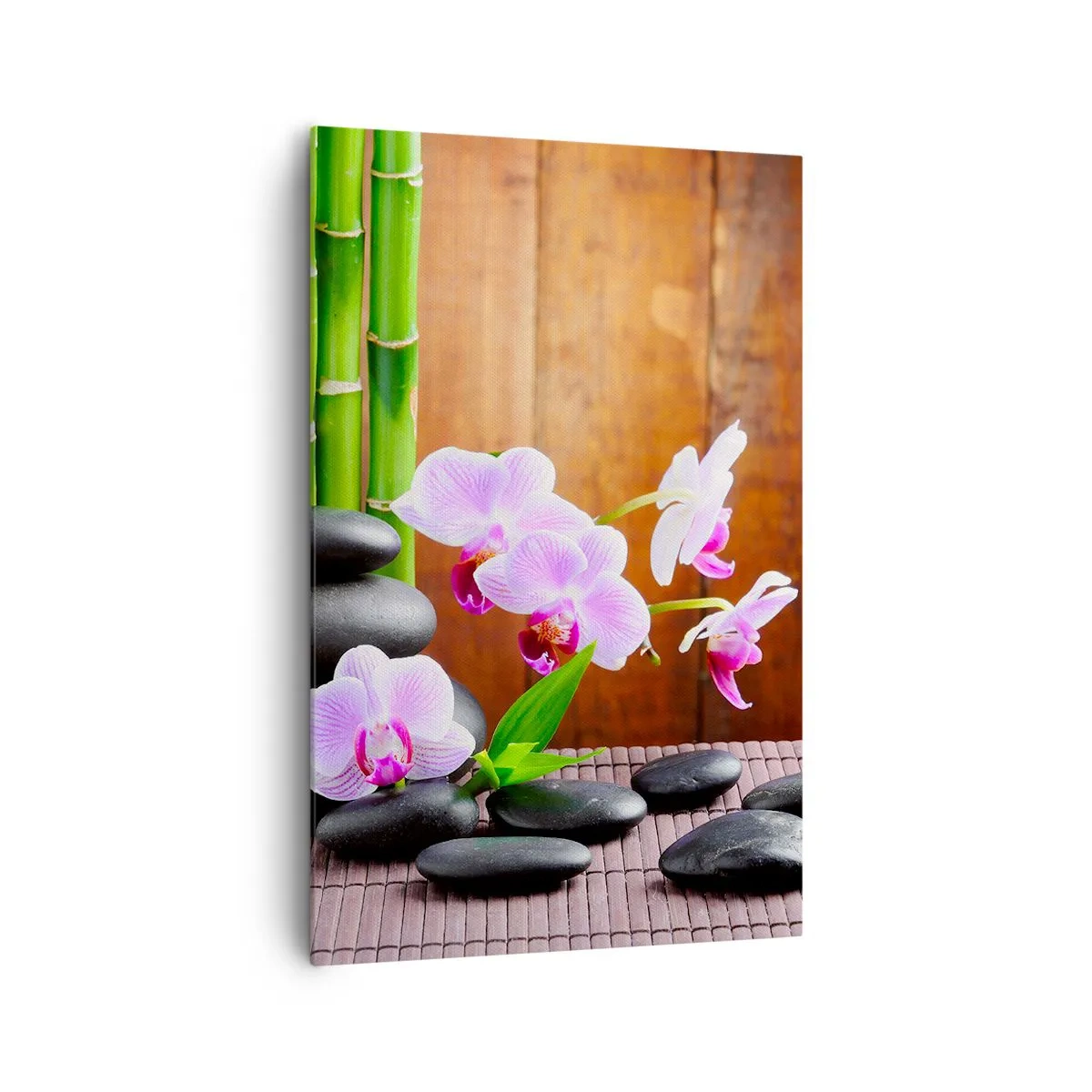 Cuadro sobre lienzo - Impresión de Imagen - Bambú de estilo zen, piedras y orquídeas rosas sobre un fondo de madera. - 80x120cm - Experimente los placeres de Oriente - Decoración de pared moderna para salón y dormitorio ARTTOR