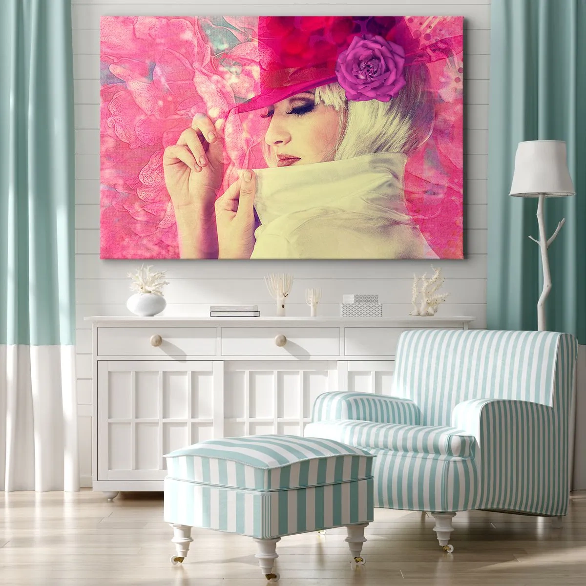 Cuadro sobre lienzo - Impresión de Imagen - Mujer elegante con un sombrero rosa y una flor. - 70x50cm - Retrato retro en rosa - Decoración de pared moderna para salón y dormitorio ARTTOR