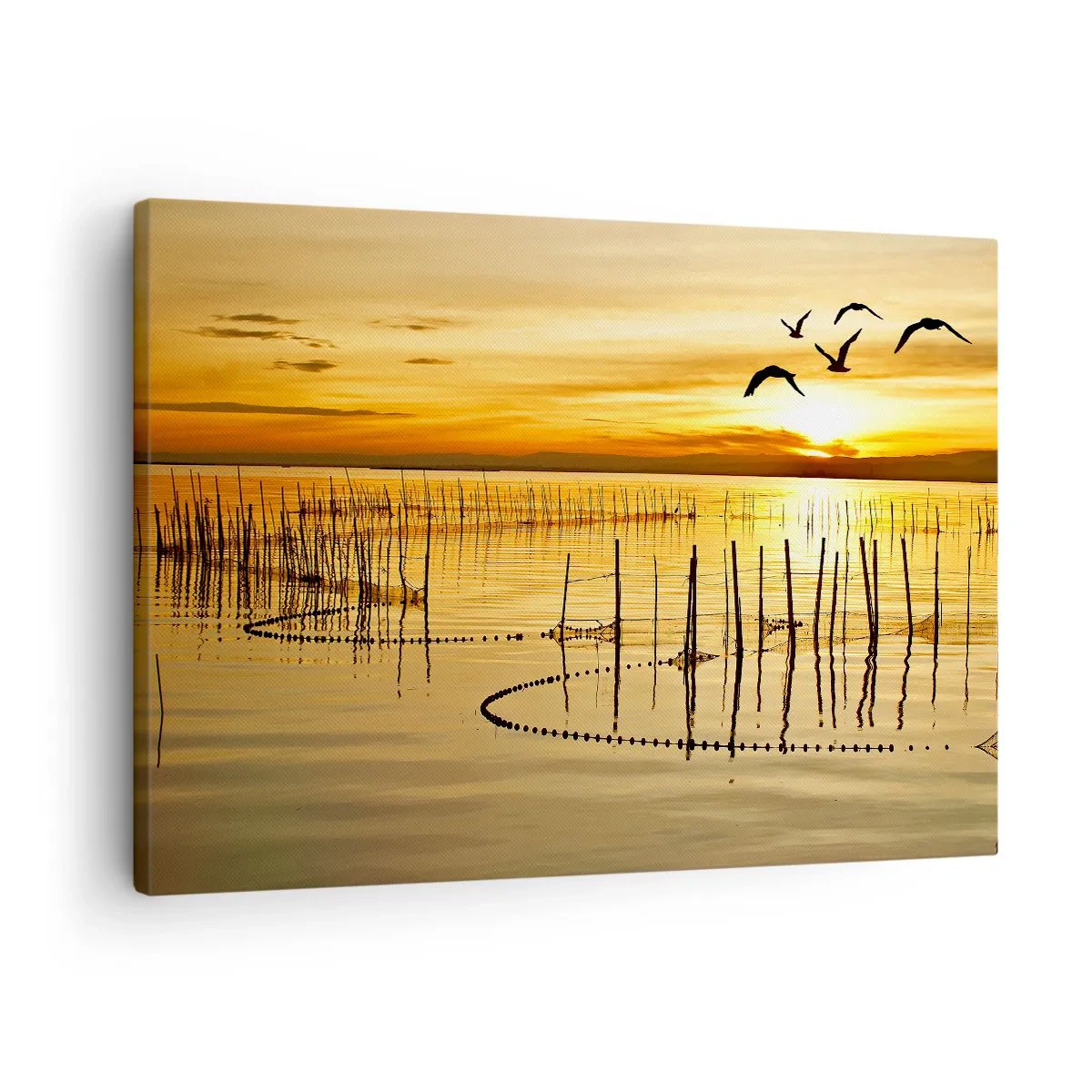Cuadro sobre lienzo - Impresión de Imagen - Puesta de sol sobre el agua con pájaros en vuelo - 70x50cm - Horizonte naranja - Decoración de pared moderna para salón y dormitorio ARTTOR