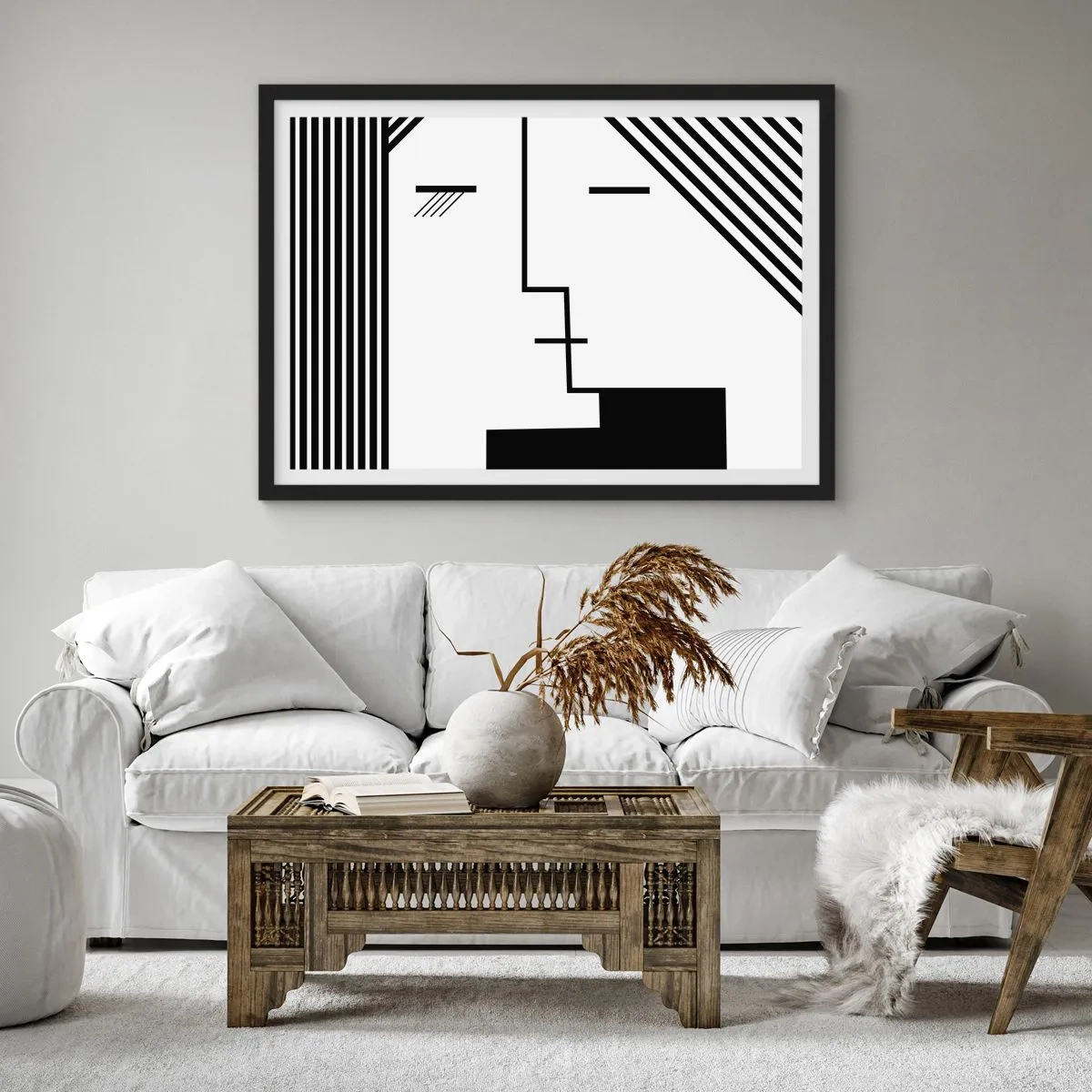Póster en marco negro - Abstracción geométrica de un beso en blanco y negro. - 70x50cm - Solo un beso - Decoración de pared moderna para salón y dormitorio ARTTOR