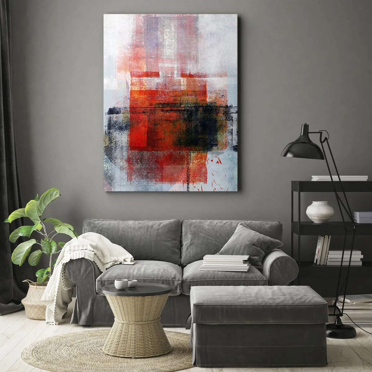 Cuadro sobre lienzo - Impresión de Imagen - Composición geométrica abstracta con acentos rojos y naranjas. - 50x70cm - Composición brillante - Decoración de pared moderna para salón y dormitorio ARTTOR