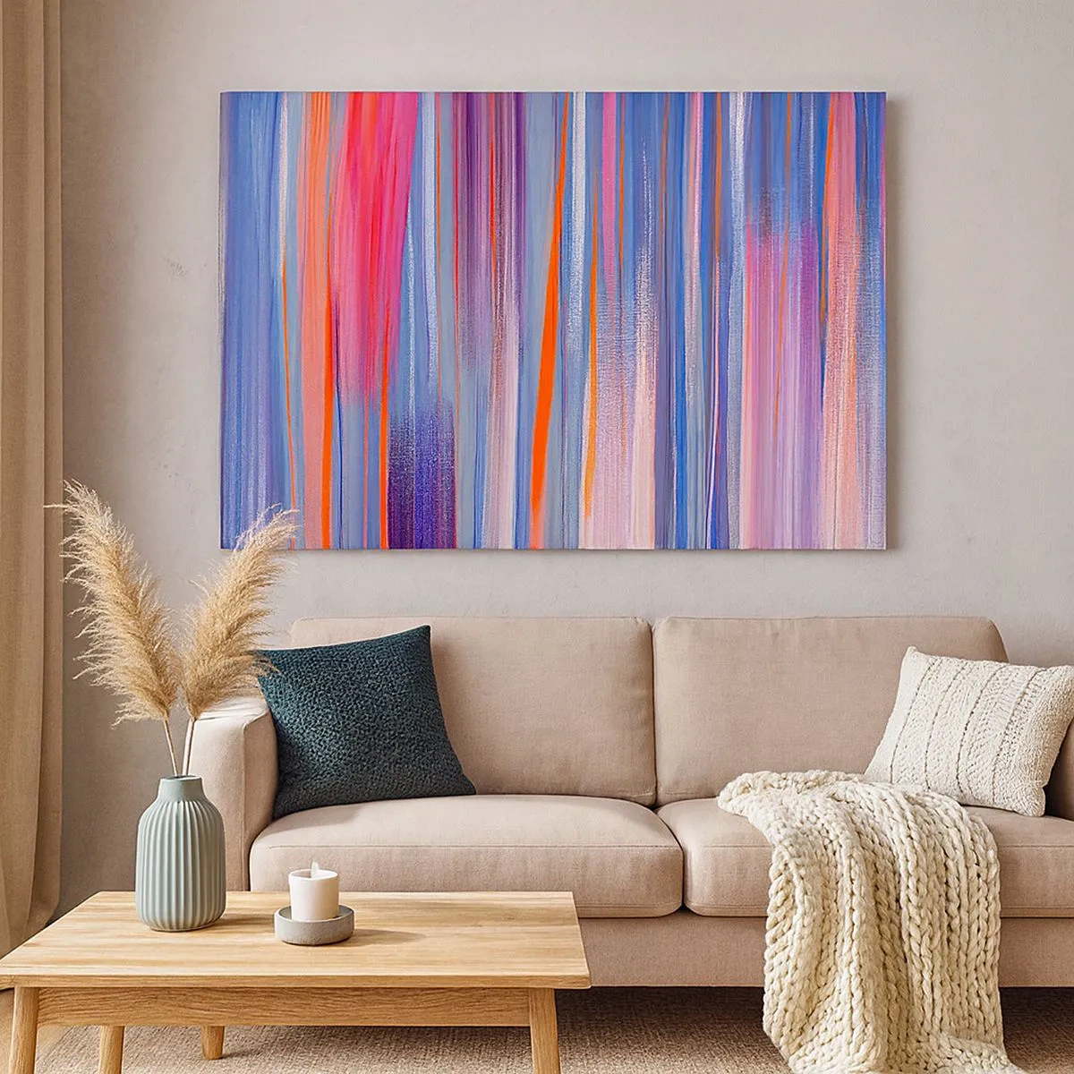 Cuadro sobre lienzo - Impresión de Imagen - Líneas verticales abstractas en tonos azul y rosa. - 70x50cm - Ascensión - Decoración de pared moderna para salón y dormitorio ARTTOR