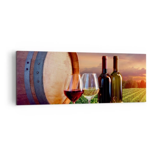 Cuadro sobre lienzo - Impresión de Imagen - Vino, copas y un barril en un paisaje pintoresco. - 140x50cm - Aquí la vida tiene un sabor - Decoración de pared moderna para salón y dormitorio ARTTOR