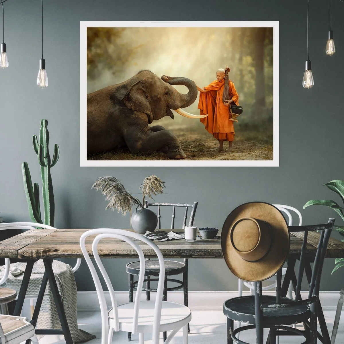 Póster - Un monje y un elefante en armonía con la naturaleza como telón de fondo. - 100x70cm - Un encuentro en un viaje - Decoración de pared moderna para salón y dormitorio ARTTOR