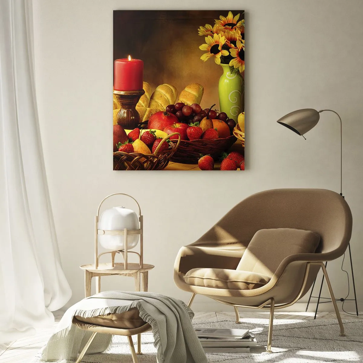 Cuadro sobre vidrio - Impresiones sobre Vidrio - Bodegón con fruta, pan, vela y flores. - 80x120cm - Bodegón con pan y fruta - Decoración de pared moderna para salón y dormitorio ARTTOR