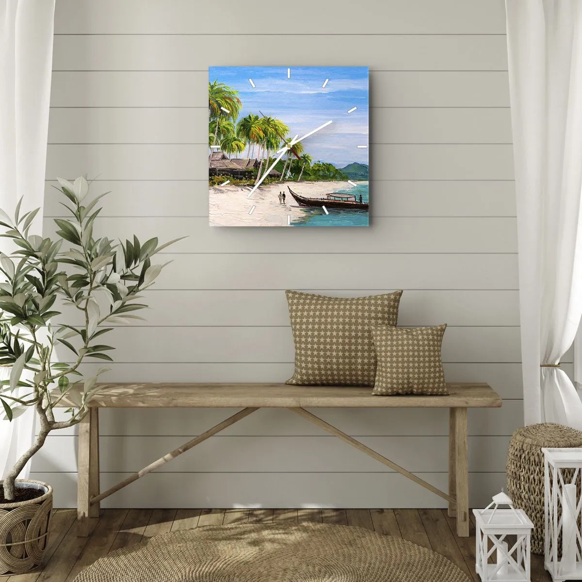 Reloj de pared - Reloj de vidrio - Una playa exótica con palmeras y un barco en la orilla. - 30x30cm - Un sueño exótico - Decoración de pared moderna para salón y dormitorio ARTTOR