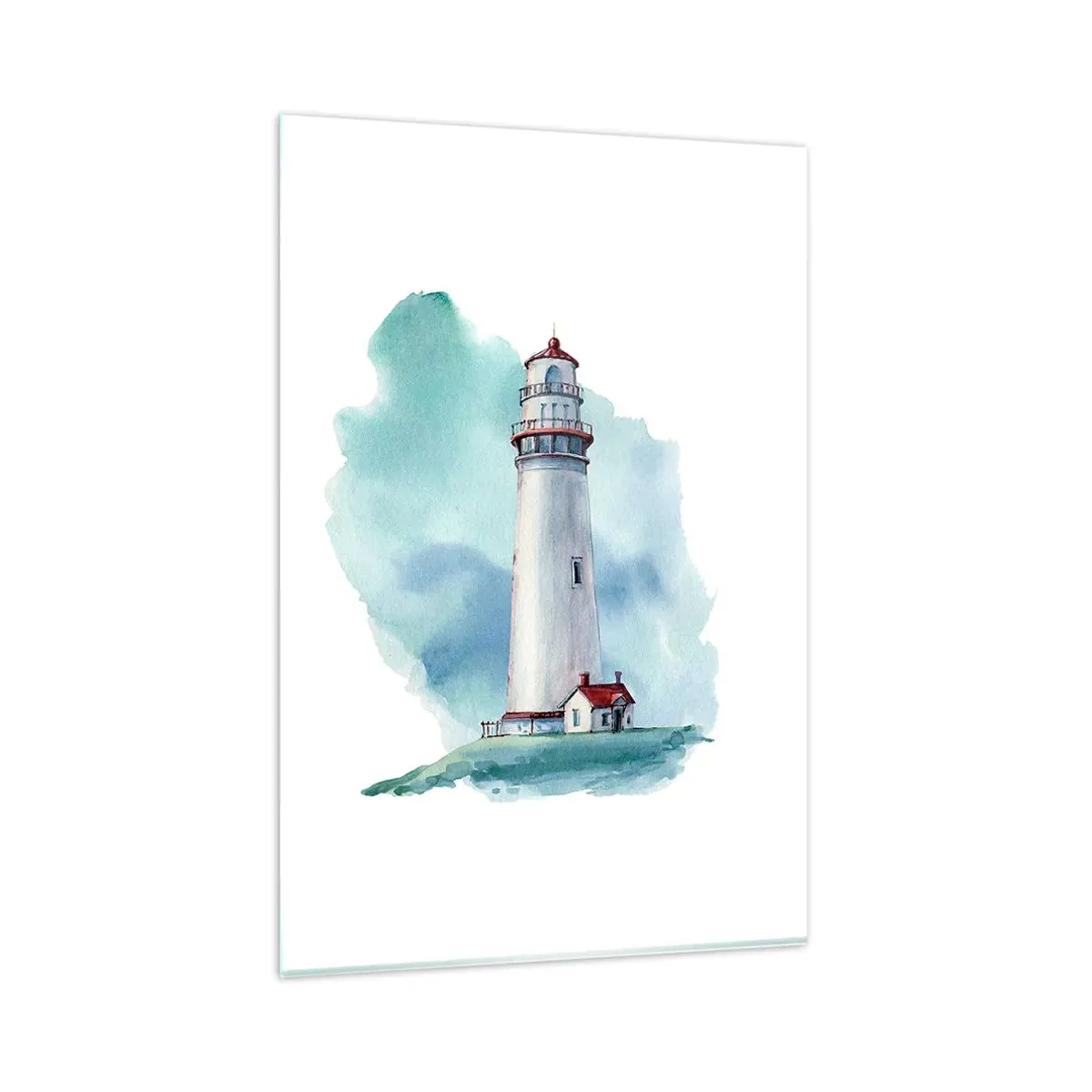Cuadro sobre vidrio - Impresiones sobre Vidrio - Un faro sobre un fondo azul de acuarela. - 80x120cm - Gentil hermana del azul - Decoración de pared moderna para salón y dormitorio ARTTOR