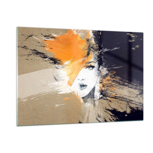Cuadro sobre vidrio - Impresiones sobre Vidrio - Retrato abstracto de una mujer con acentos naranjas. - 120x80cm - Y se convierte en luz - Decoración de pared moderna para salón y dormitorio ARTTOR