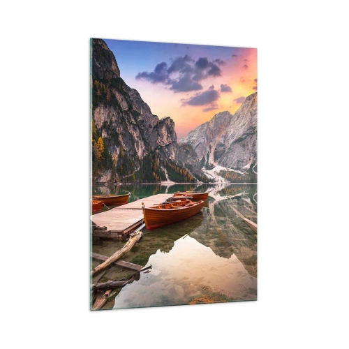 Cuadro sobre vidrio - Impresiones sobre Vidrio - Lago de montaña con barcos al atardecer - 70x100cm - Espejo entre montañas - Decoración de pared moderna para salón y dormitorio ARTTOR