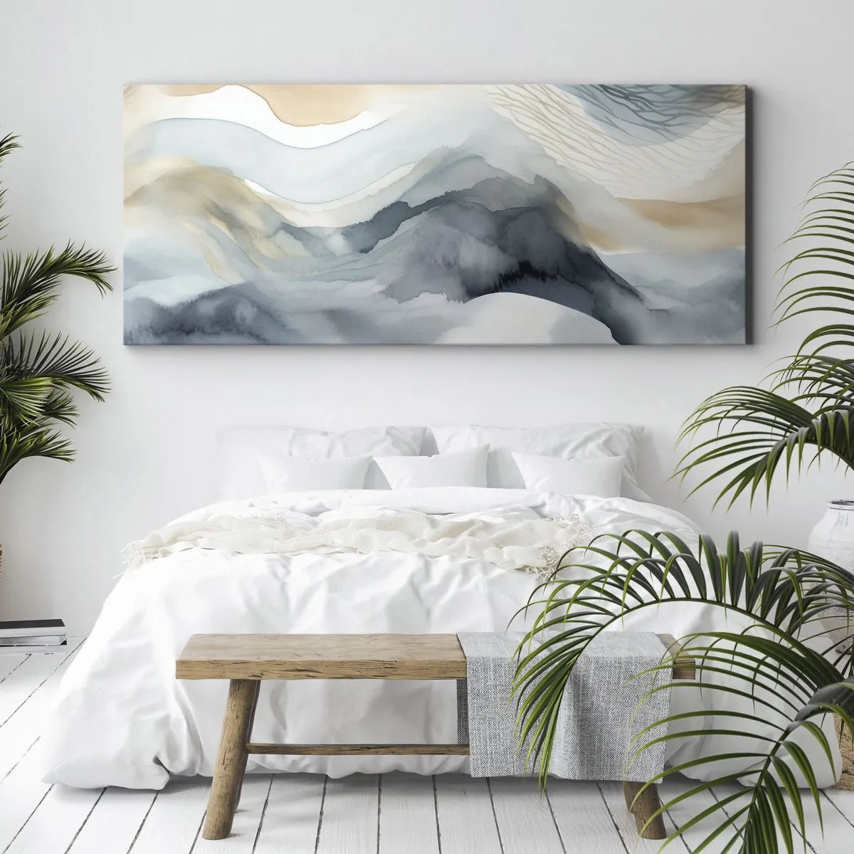 Cuadro sobre lienzo - Impresión de Imagen - Una delicada abstracción con motivo de montaña en tonos pastel. - 120x50cm - Abstracción de nieve y niebla - Decoración de pared moderna para salón y dormitorio ARTTOR