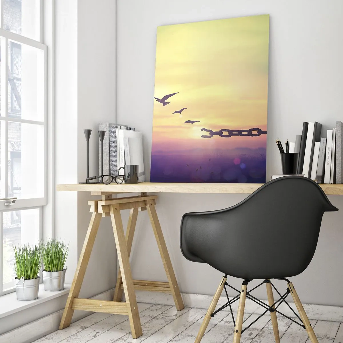 Cuadro sobre vidrio - Impresiones sobre Vidrio - Símbolo de libertad con pájaros y una cadena rota. - 70x100cm - Victoria de la libertad - Decoración de pared moderna para salón y dormitorio ARTTOR