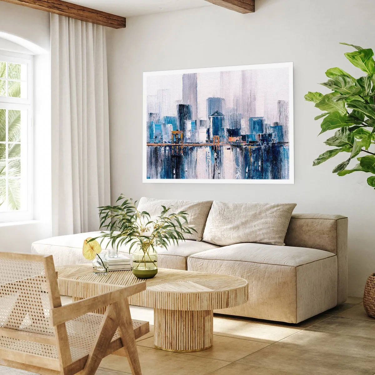 Póster - Panorama abstracto de la ciudad con tonos de azul y amarillo - 100x70cm - Impresión neoyorquina - Decoración de pared moderna para salón y dormitorio ARTTOR