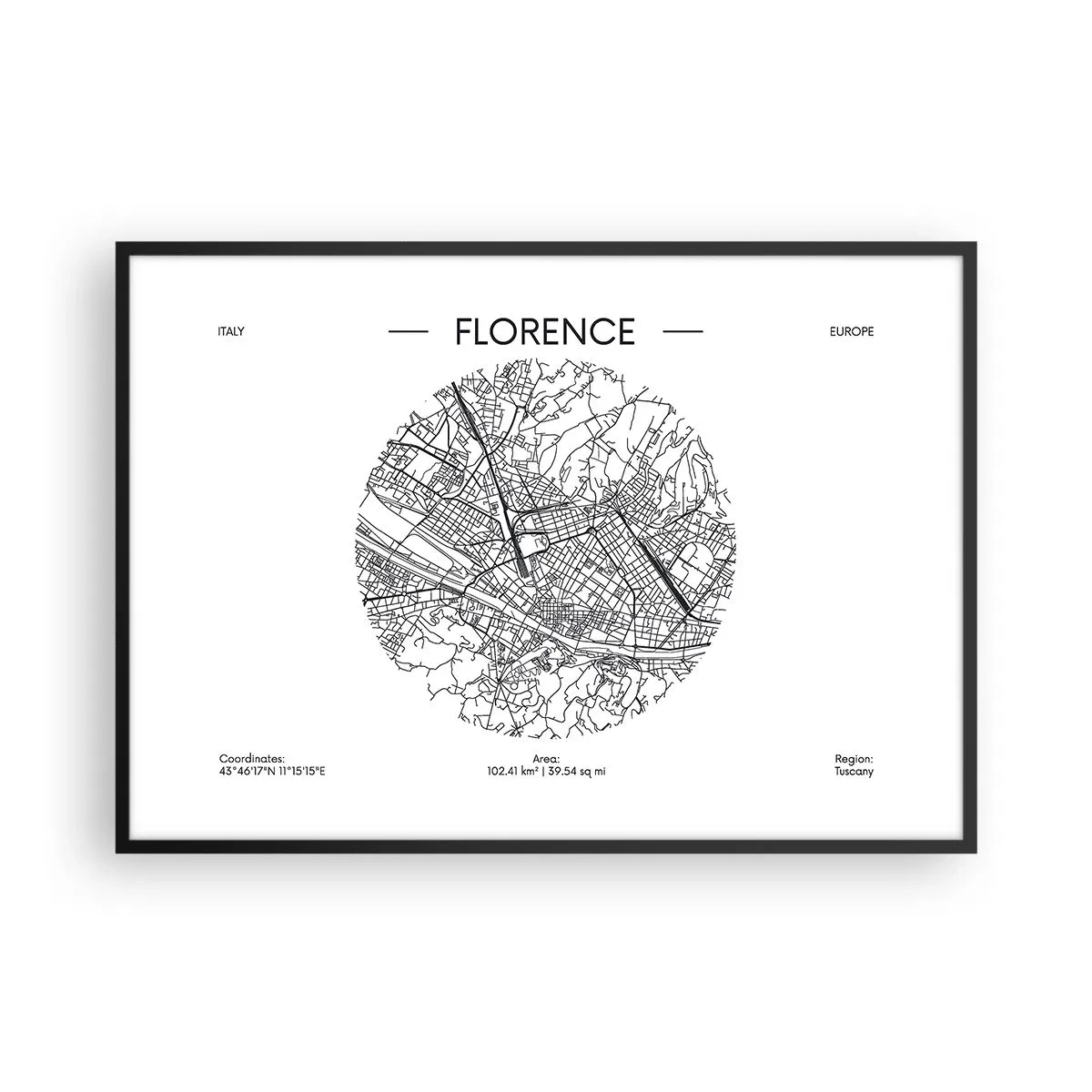 Póster en marco negro - Un mapa de Florencia en un estilo minimalista en blanco y negro. - 100x70cm - Anatomía de Florencia - Decoración de pared moderna para salón y dormitorio ARTTOR