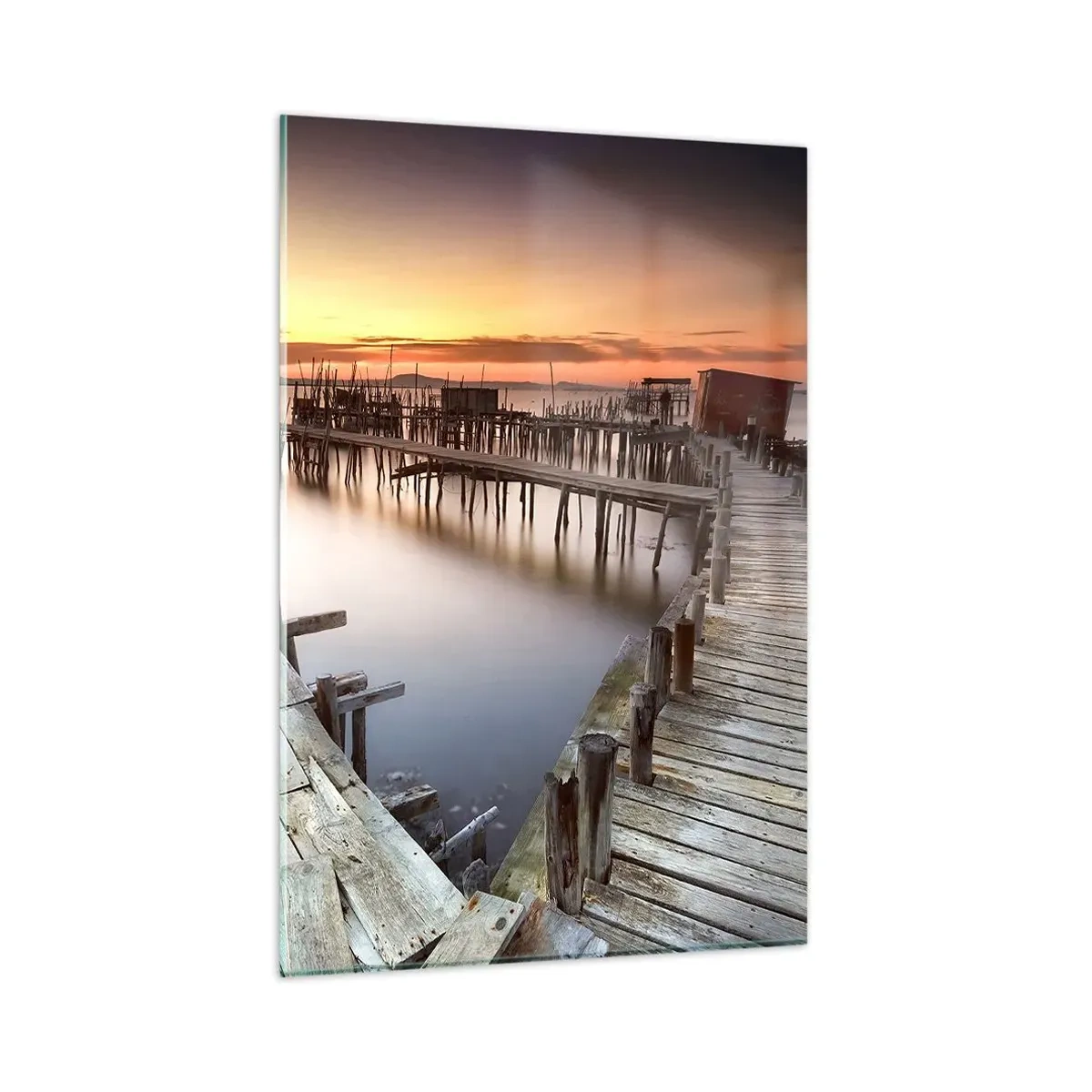 Cuadro sobre vidrio - Impresiones sobre Vidrio - Muelles de madera en aguas tranquilas al atardecer - 80x120cm - Auténtico, sublime - Decoración de pared moderna para salón y dormitorio ARTTOR