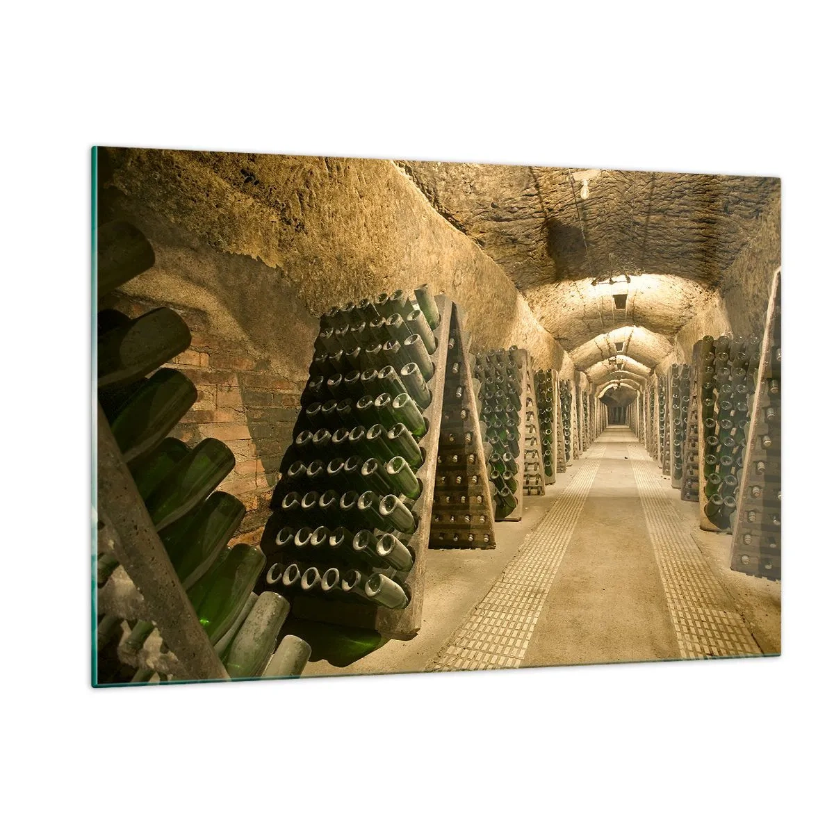 Cuadro sobre vidrio - Impresiones sobre Vidrio - Una bodega con botellas de vino envejeciendo en filas. - 120x80cm - El nacimiento del gusto - Decoración de pared moderna para salón y dormitorio ARTTOR