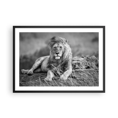 Póster en marco negro - León descansando sobre una roca en estilo monocromático. - 70x50cm - La siesta real - Decoración de pared moderna para salón y dormitorio ARTTOR