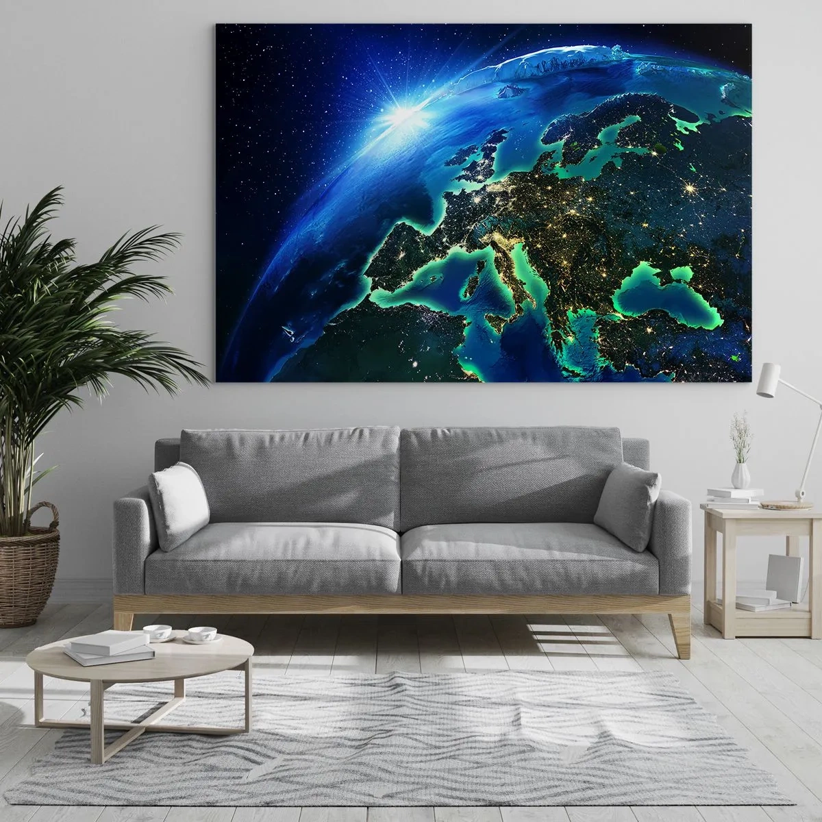 Cuadro sobre vidrio - Impresiones sobre Vidrio - Vista de la Tierra desde el espacio con Europa brillando por la noche - 70x50cm - Una Europa resplandeciente - Decoración de pared moderna para salón y dormitorio ARTTOR