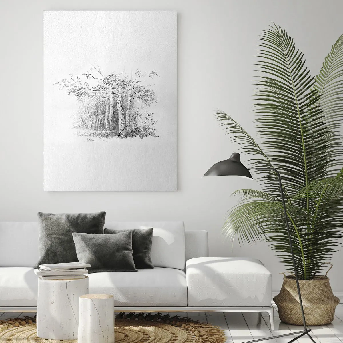 Cuadro sobre vidrio - Impresiones sobre Vidrio - Un dibujo de un bosque de abedules en un sutil boceto a lápiz. - 80x120cm - La luz de un bosque de abedules - Decoración de pared moderna para salón y dormitorio ARTTOR