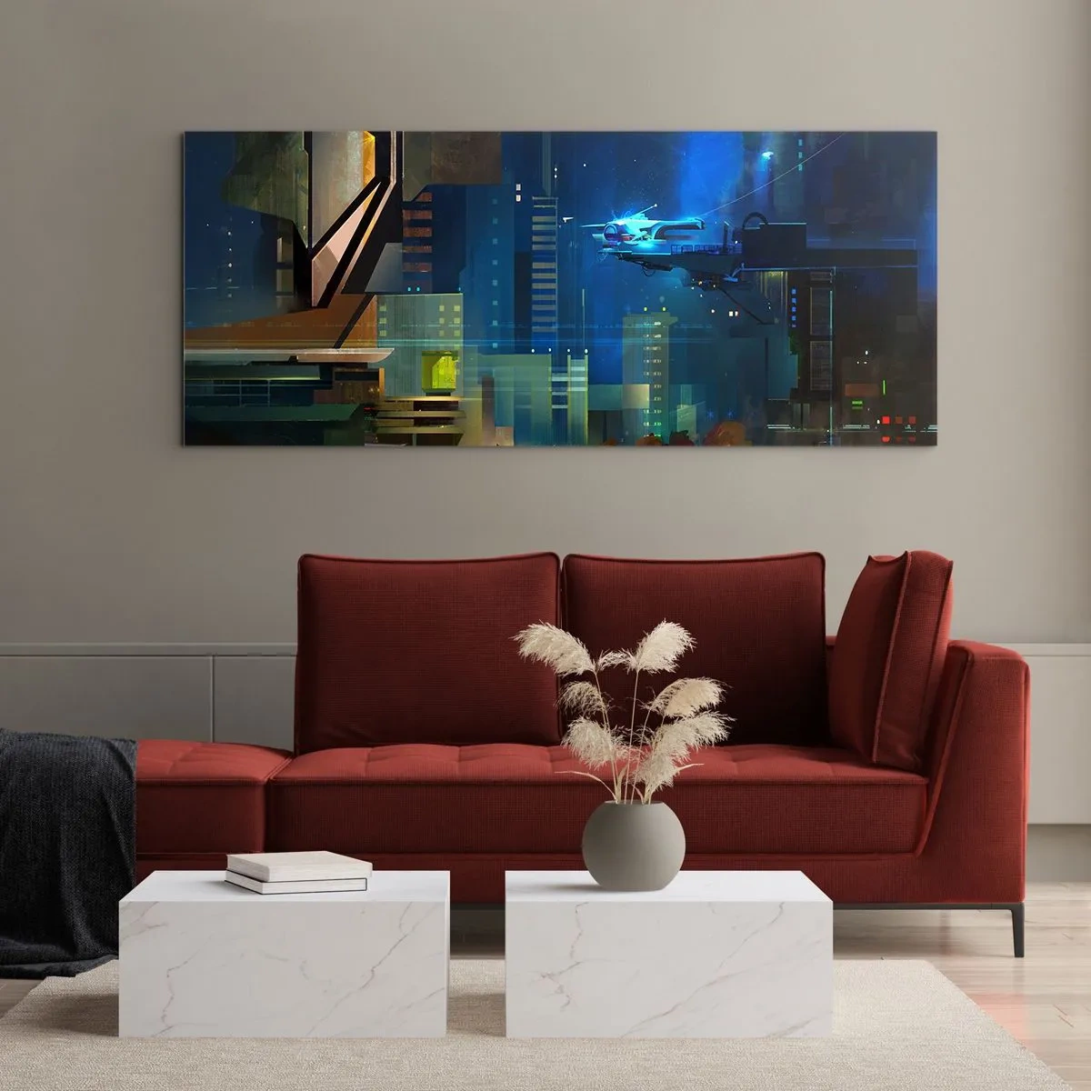 Cuadro sobre vidrio - Impresiones sobre Vidrio - Ciudad futurista de noche con luces de neón y un vehículo volador. - 140x50cm - En un futuro próximo - Decoración de pared moderna para salón y dormitorio ARTTOR