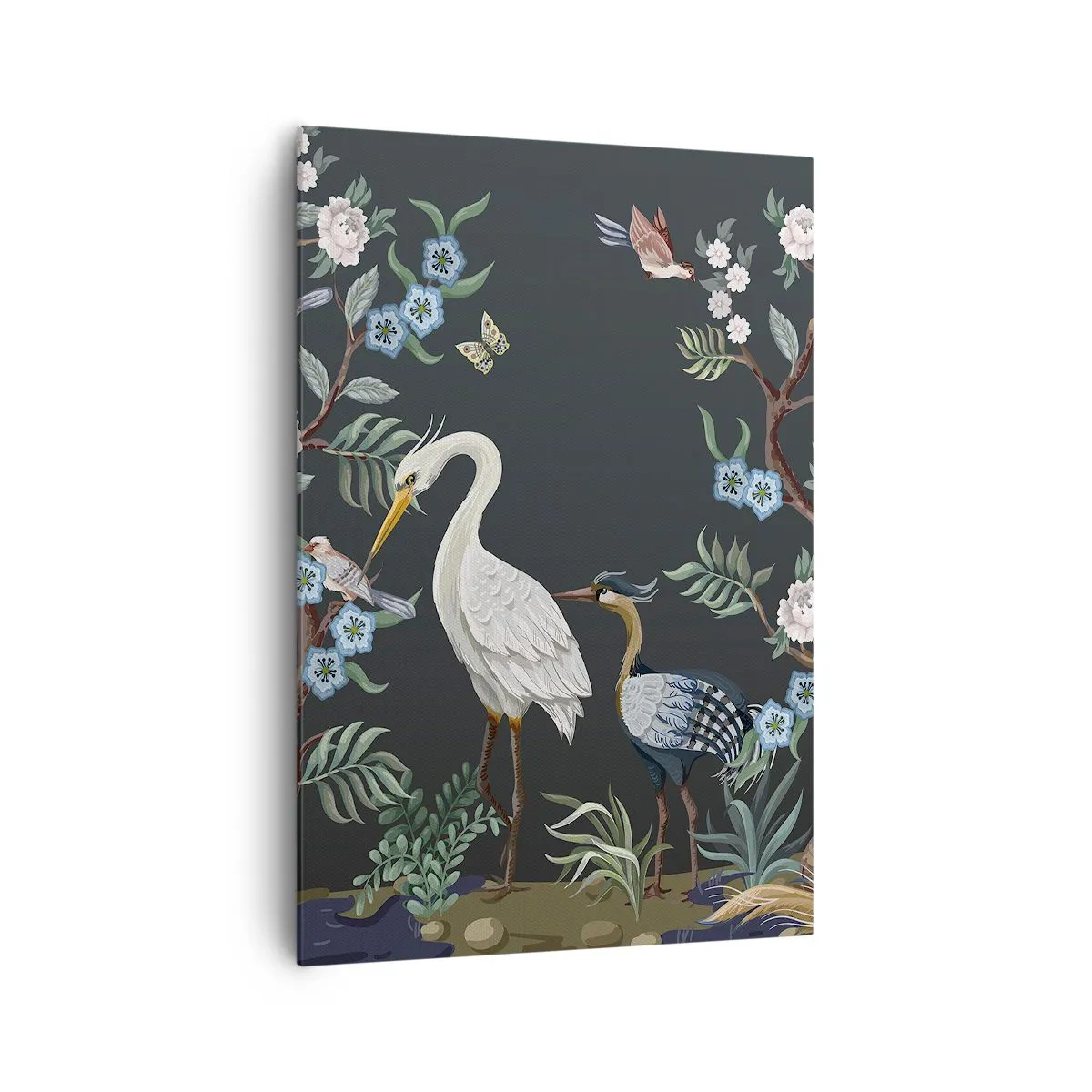 Cuadro sobre lienzo - Impresión de Imagen - Pájaros y plantas pintados sobre un fondo oscuro con un patrón elegante. - 70x100cm - Desfile de aves - Decoración de pared moderna para salón y dormitorio ARTTOR