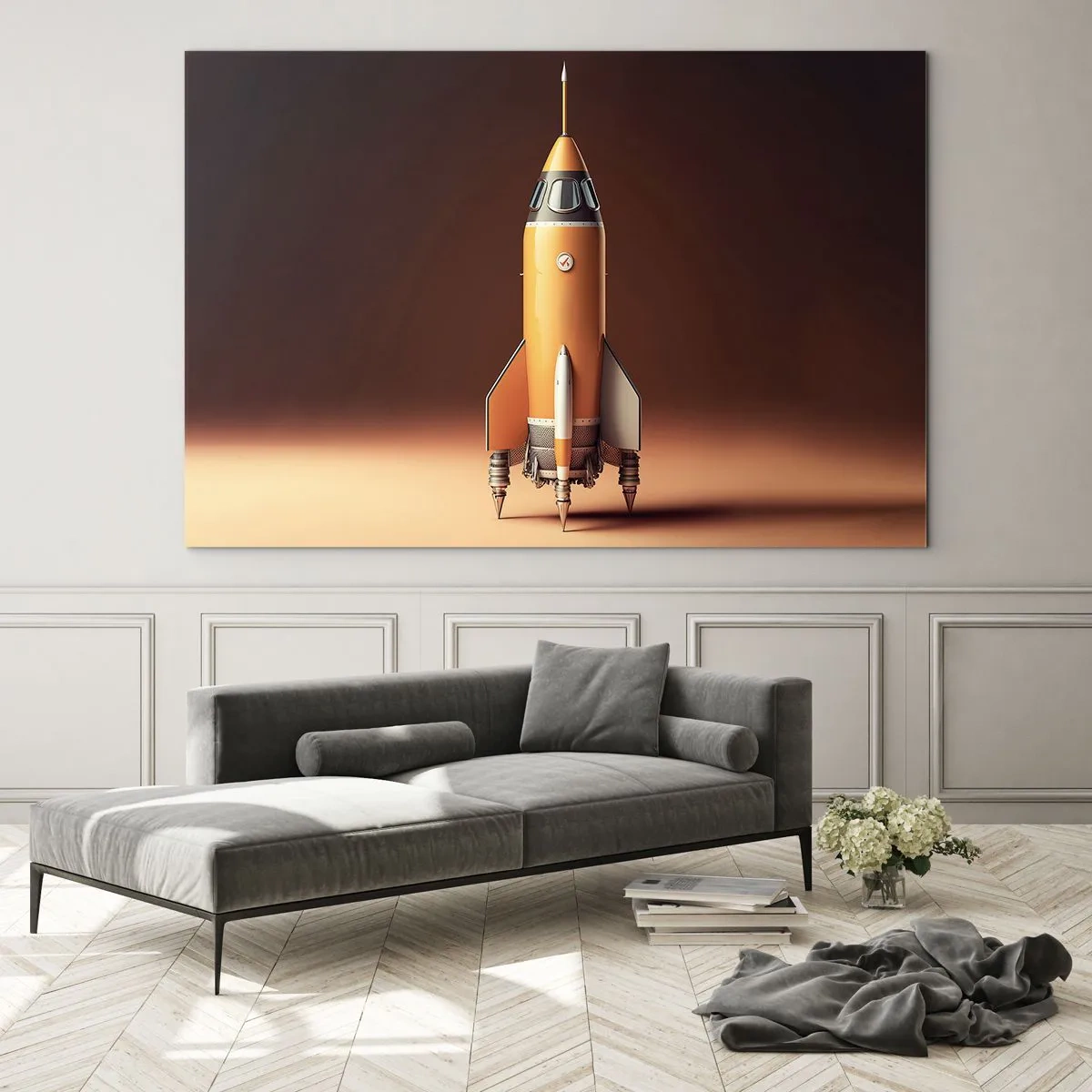 Cuadro sobre vidrio - Impresiones sobre Vidrio - Un cohete naranja sobre un fondo de luz suave. - 70x50cm - Comienza con un sueño - Decoración de pared moderna para salón y dormitorio ARTTOR